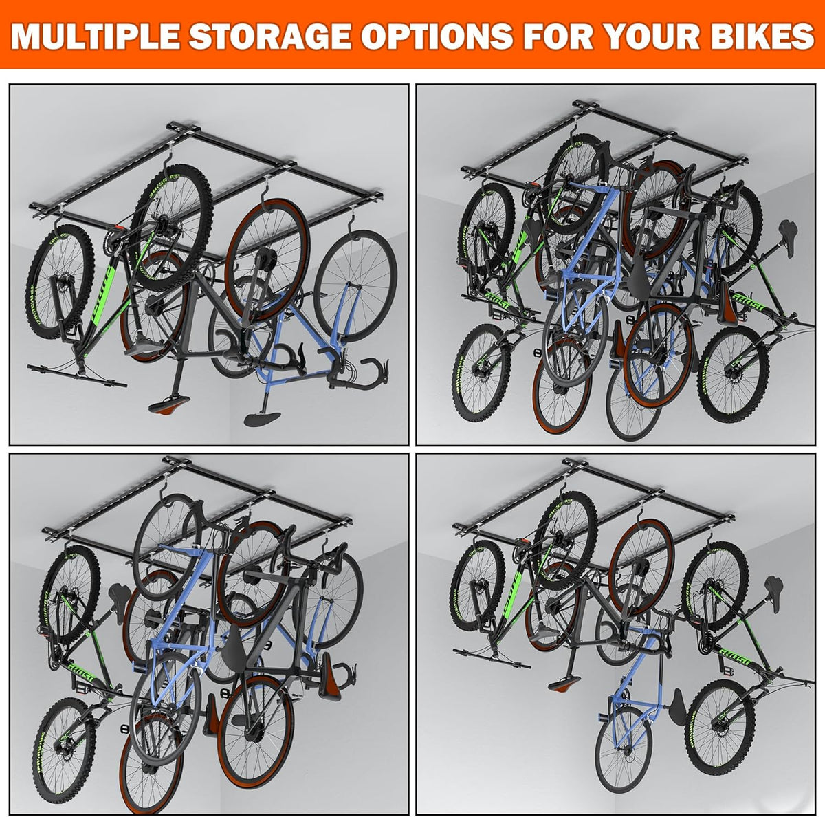 Ultrawall Ceiling Bike Rack for Garage, Indoor Bike Hanger with Sliding Track, Adjustable Bike Hooks for up to 3 Bikes (Horizontally), 6 Bikes (Vertically)