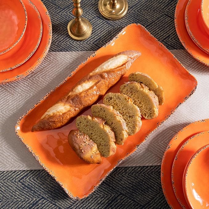 Vintage Melamine 17" x 10" Serving Platters for Serving Food, Set of 2, 100% Melamine Large Rectangle Serving Trays Sets for Fruit, Appetizer, Dessert, Home and Party Use. Orange