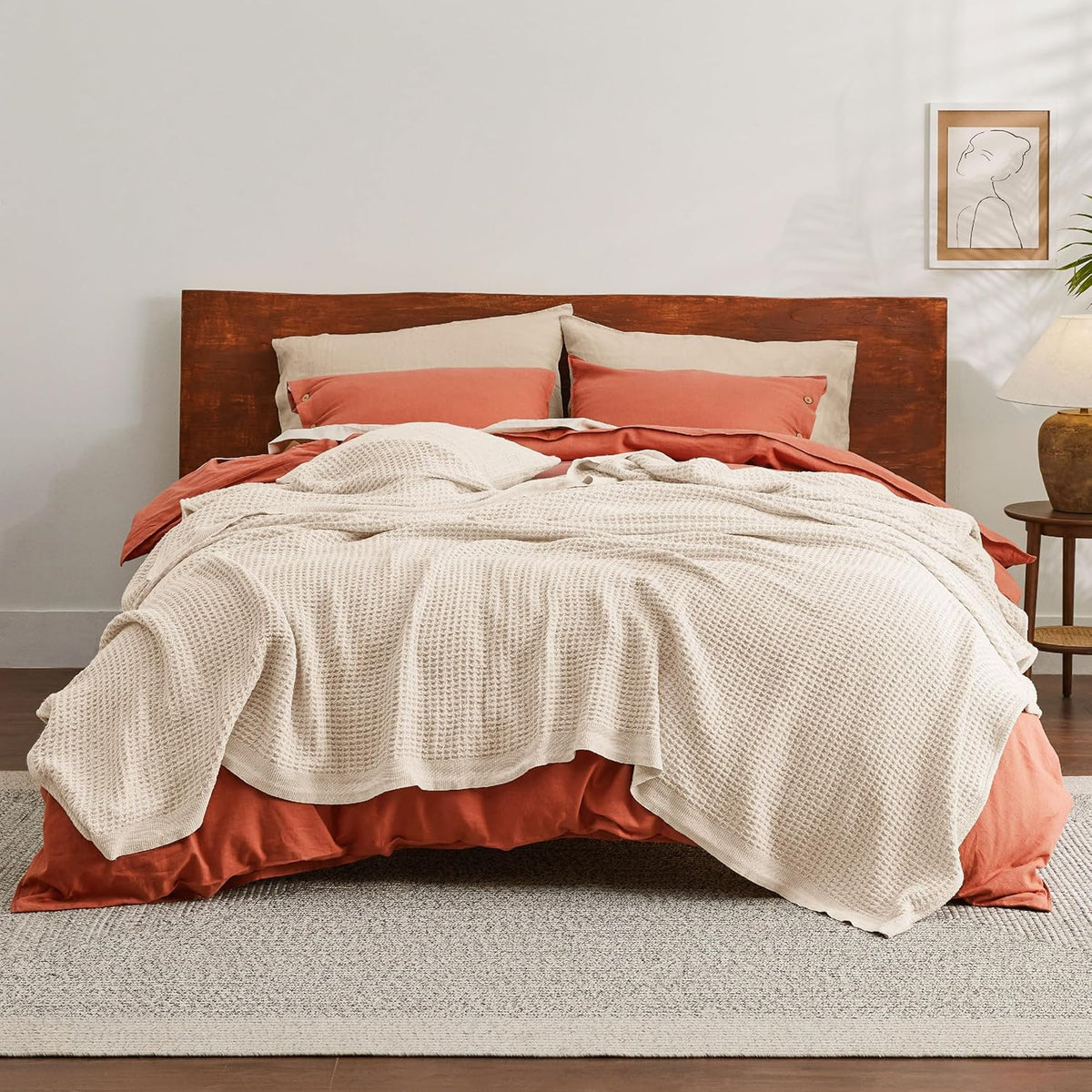 Bedsure 100% Cotton Blanket Queen Size for Bed - Breathable and Soft, Waffle Weave Blanket for Summer, Thick Cozy Fall Blankets for Women Gift, Yellowish Cream, 90x90 Inches