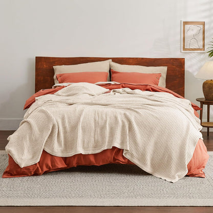Bedsure 100% Cotton Blanket Queen Size for Bed - Breathable and Soft, Waffle Weave Blanket for Summer, Thick Cozy Fall Blankets for Women Gift, Yellowish Cream, 90x90 Inches