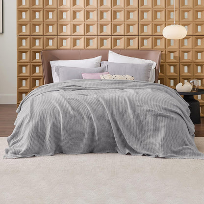 Bedsure 100% Cotton Blanket Queen Size for Bed - Breathable and Soft, Waffle Weave Blanket for Summer, Thick Cozy Fall Blankets for Women Gift, Grey, 90x90 Inches