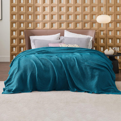 Bedsure 100% Cotton Blanket Queen Size for Bed - Breathable and Soft, Waffle Weave Blanket for Summer, Thick Cozy Fall Blankets for Women Gift, Teal, 90x90 Inches
