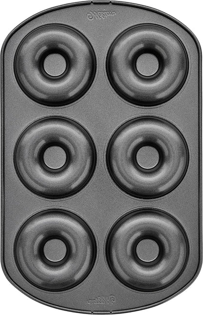 Wilton 6-Cavity Doughnut Baking Pan, Makes Individual Full-Sized 3 3/4" Donuts or Baked Treats, Non-Stick and Dishwasher Safe, Enjoy or Give as Gift, Metal (1 Pan)