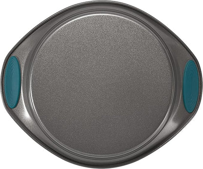 Rachael Ray Nonstick Bakeware Set with Grips includes Nonstick Bread / Baking Pans, Cookie / Baking Sheet and Cake Pans - 10 Piece, Gray with marine blue grips