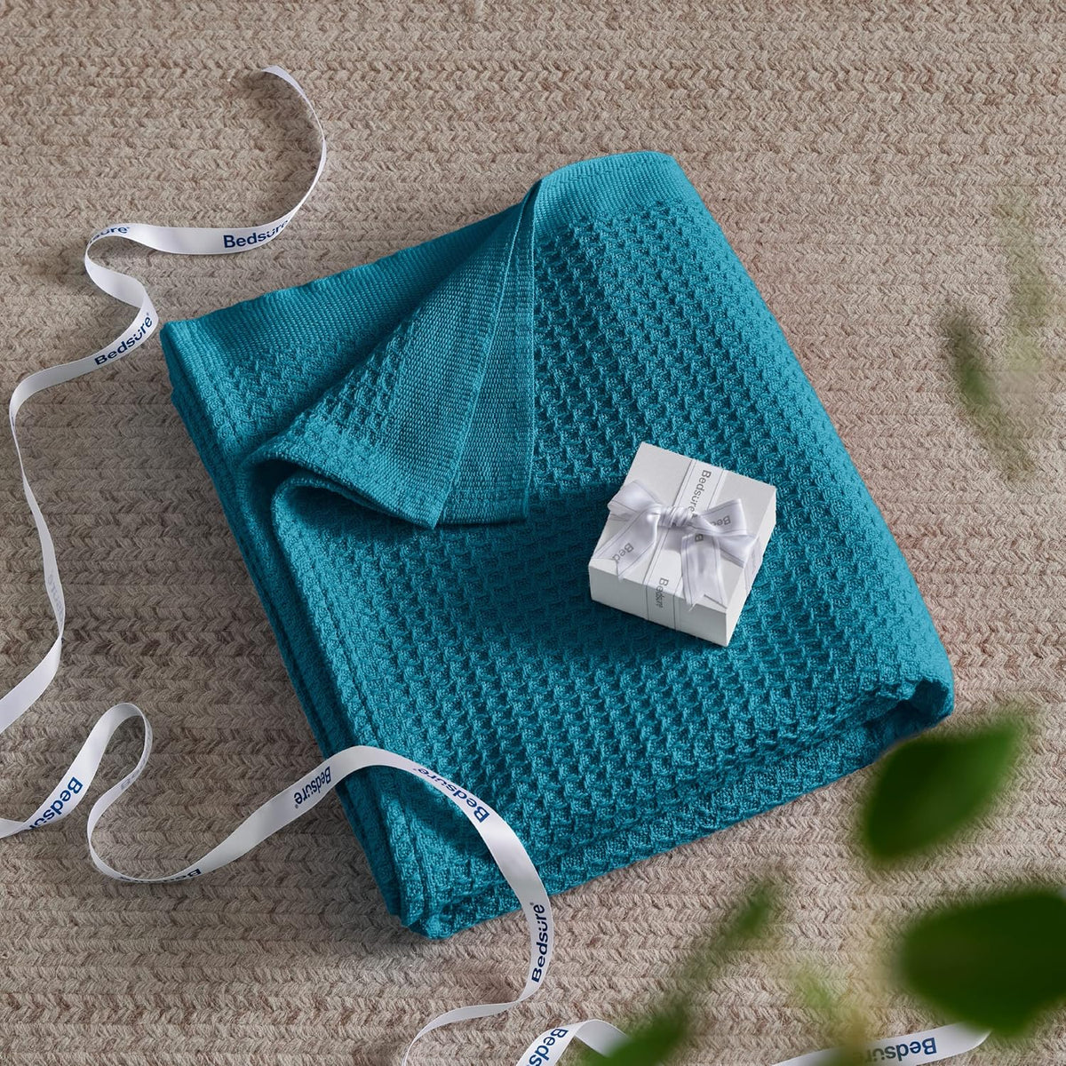 Bedsure 100% Cotton Blanket King Size for Bed - Breathable and Soft, Waffle Weave Blanket for Summer, Thick Cozy Fall Blankets for Women Gift, Teal, 104x90 inches